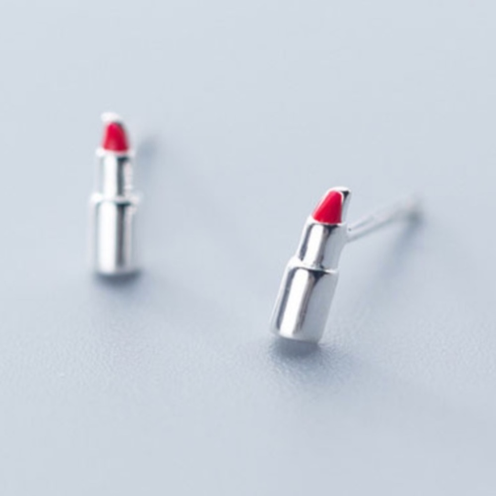 925 Sterling Silver Adorable Red Lipstick Makeup Stud Earrings
